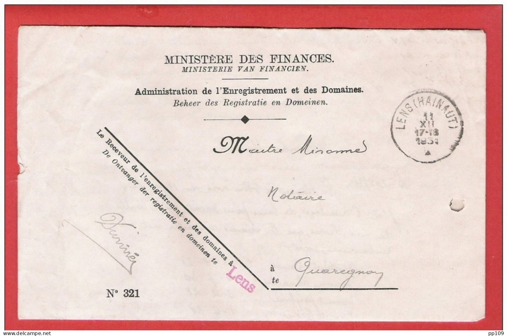 L Ministère Finances FRANCHISE Obl LENS (HAINAUT) 11 XII 1931 Vers Quaregnon - Franchise