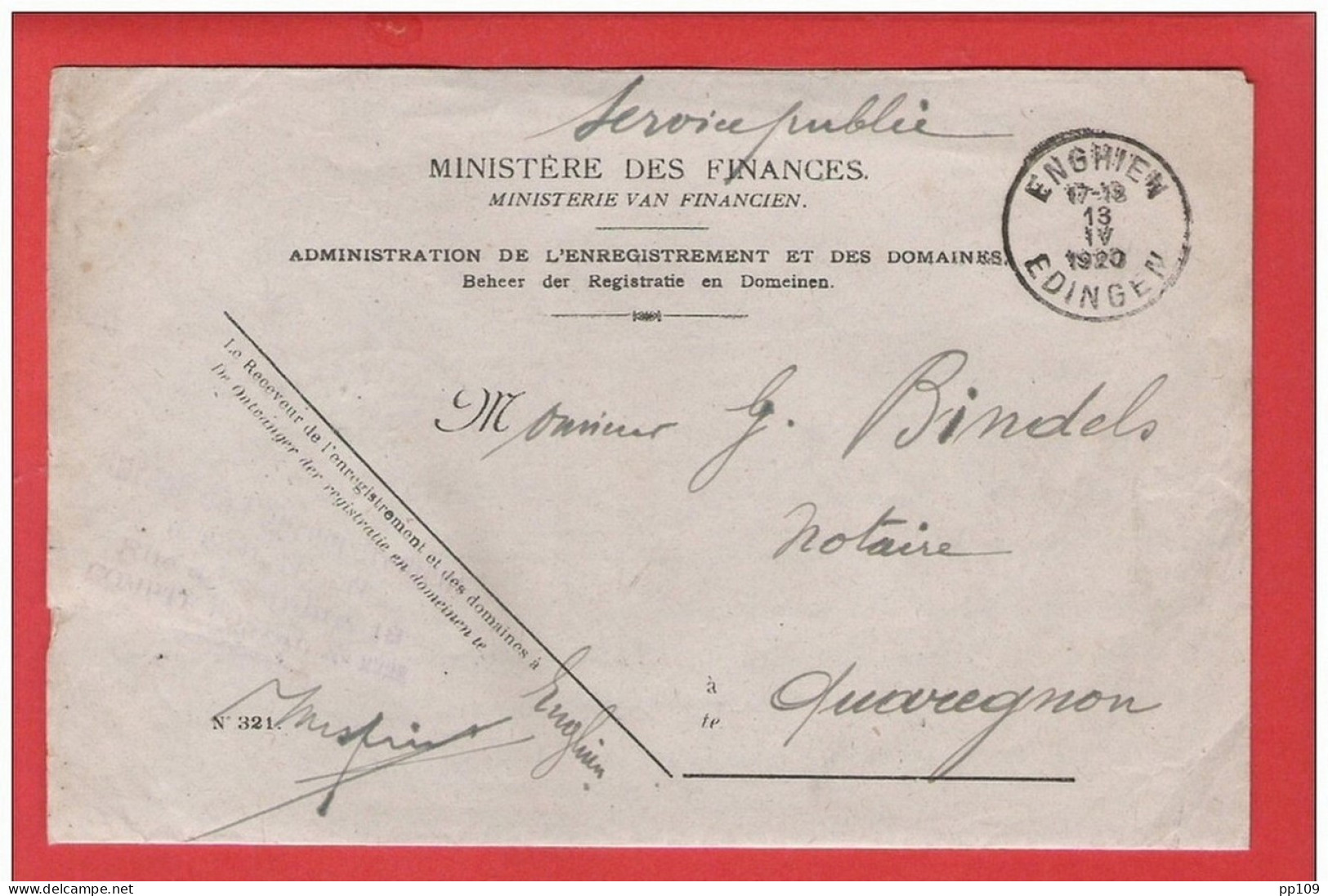 L Ministère Finances FRANCHISE Obl ENGHIEN EDINGEN 13 IV 1920 Vers Quaregnon Obl Au Verso - Franchise