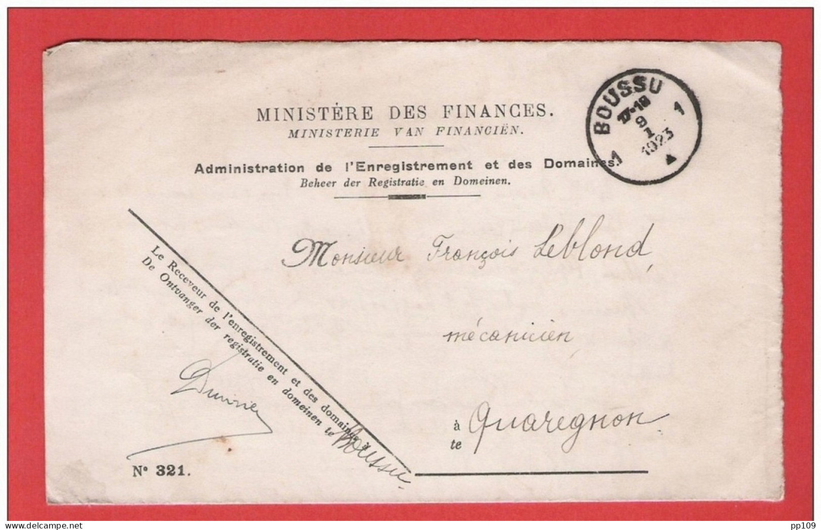 L Ministère Finances FRANCHISE Obl BOUSSU 9 I 1923 - Zonder Portkosten