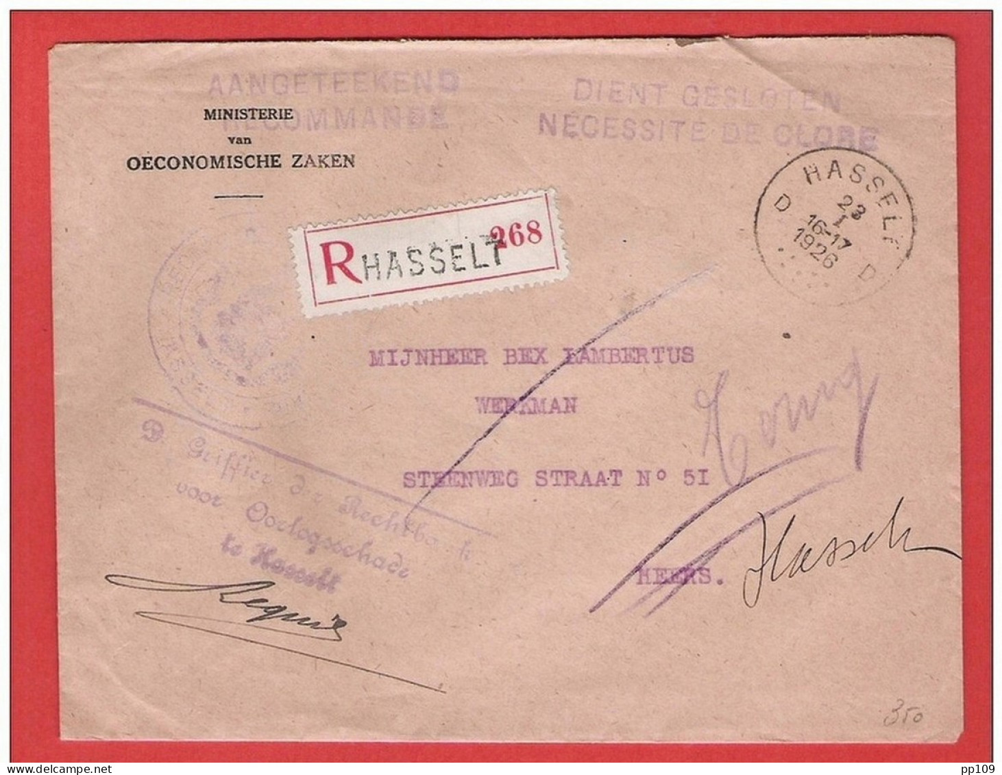 L Ministère  RECOMMANDE AANGETEKEND  FRANCHISE Obl  HASSELT D - 23 I 1926 Vers Heers Retour Terug Vignette GEWEIGERD - Franchise