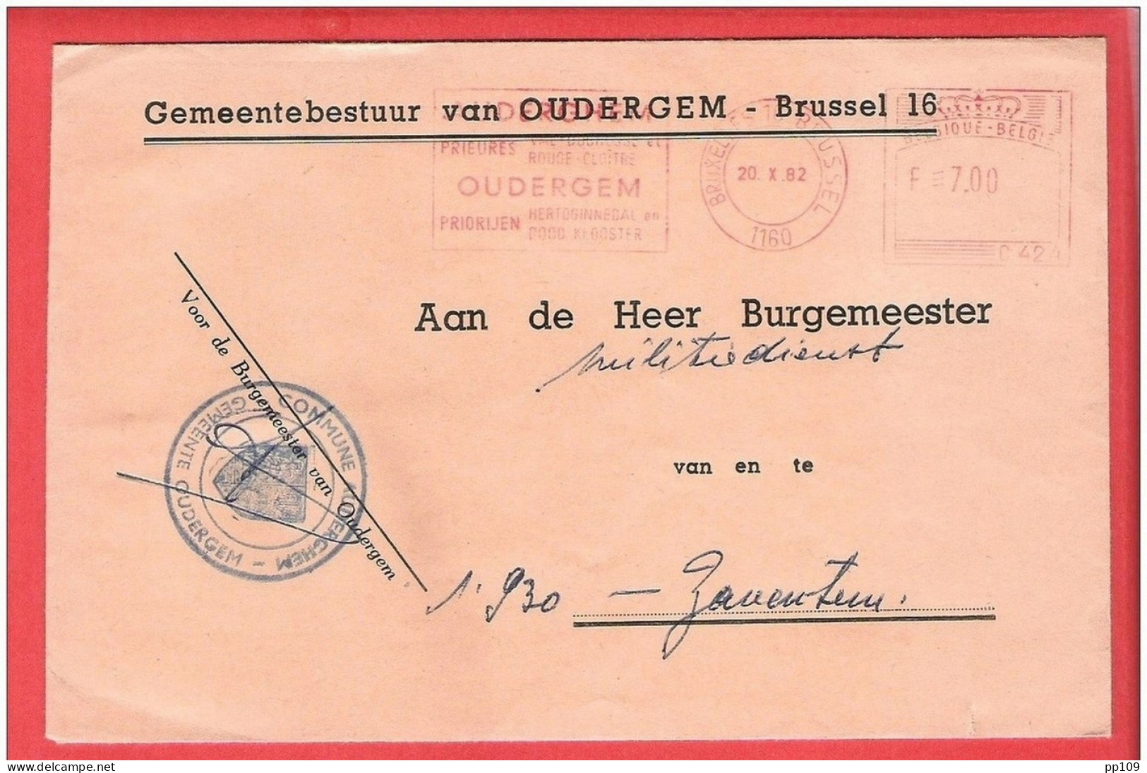 L Gemeentebestuur Van OUDERGEM AUDERGHEM - 20 X 1982 - Tarif Réduit  Vers Zaventem  + Sceau Communal - 1980-99