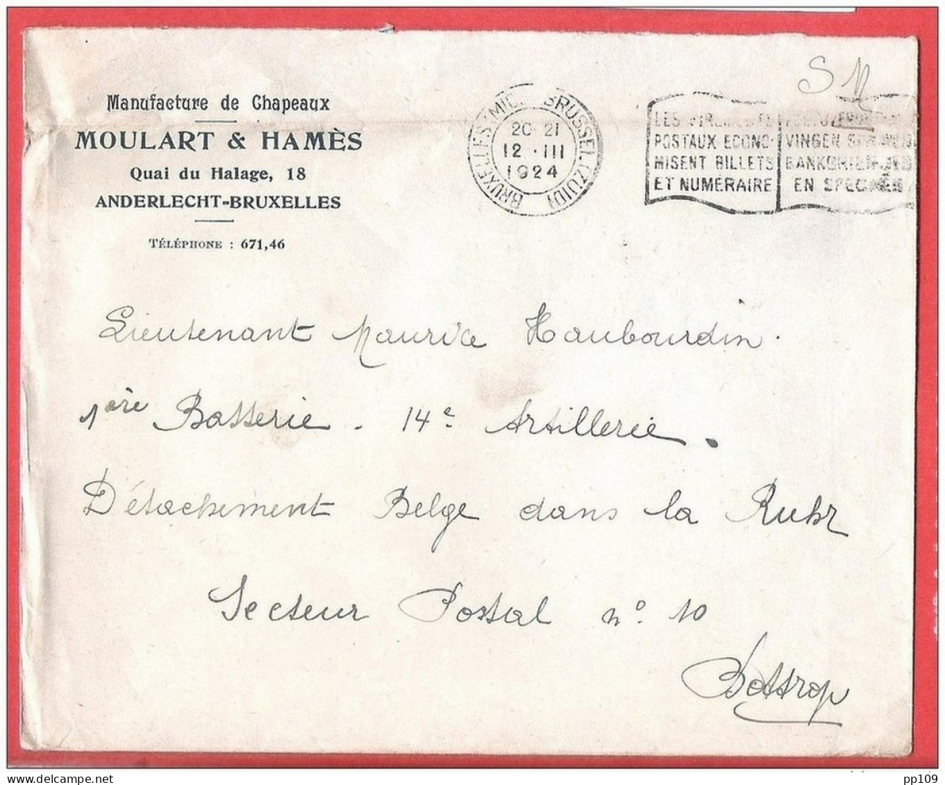 L En Tête MOULART &amp; HAMES Quai Du Halage ANDERLECHT - Franchise 12 III 1924 Vers Secteur Postal N°10  RURH - Franchise