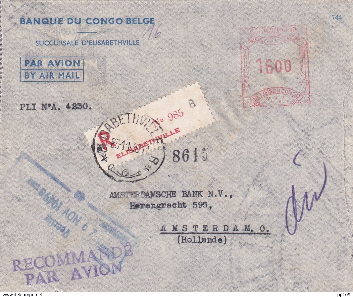 L En Recommandé Par Avion ELISABETHVILLE 26 XI 1949  Affr. Mécanique Vers HOLLANDE - Briefe U. Dokumente