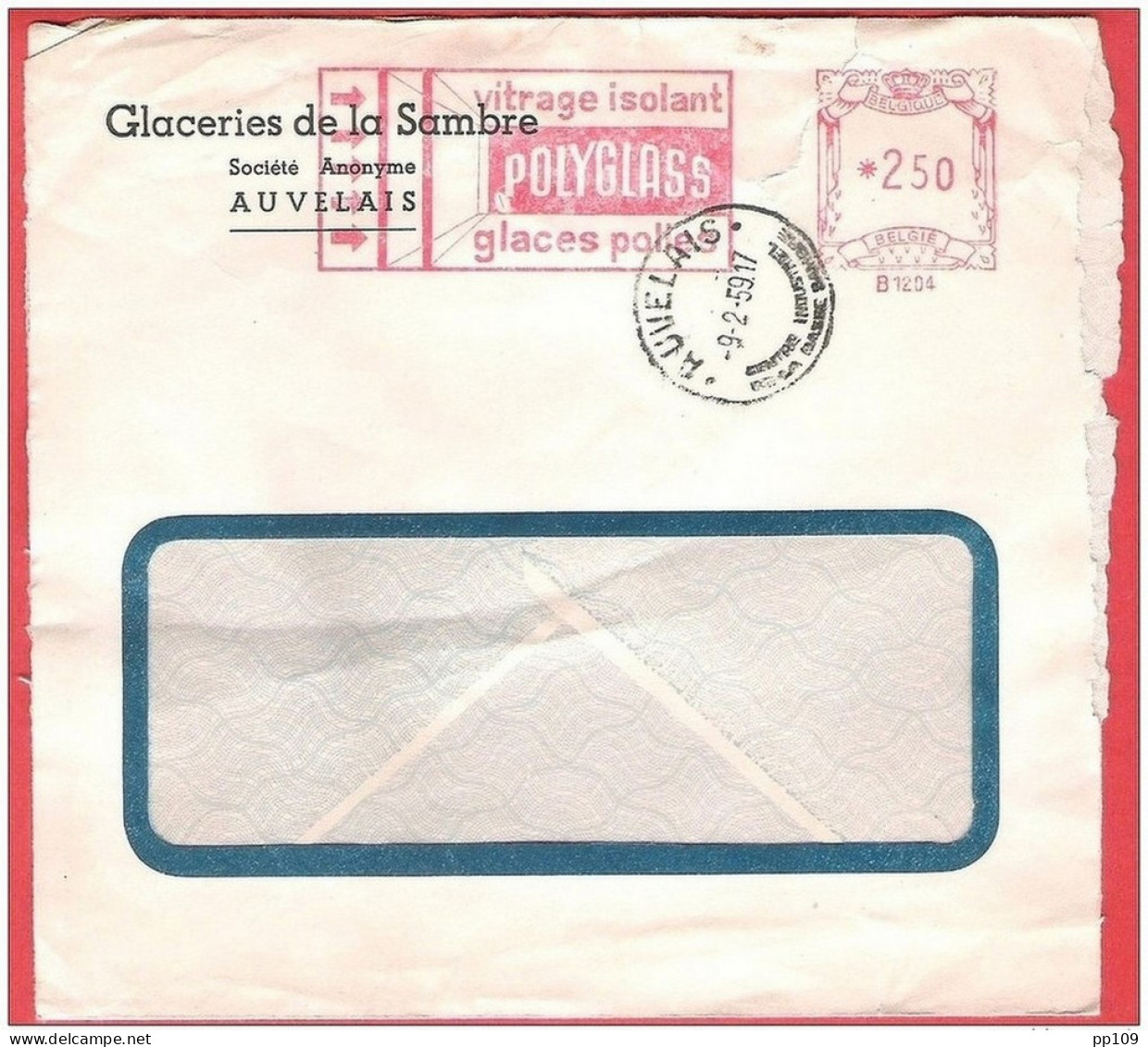 L Affranchissement Mécanique  Avec  Logo Vitrage Isolant POLYGLASS Glaceries De La Sambre B1204 AUVELAIS  9 II 1959 - ...-1959