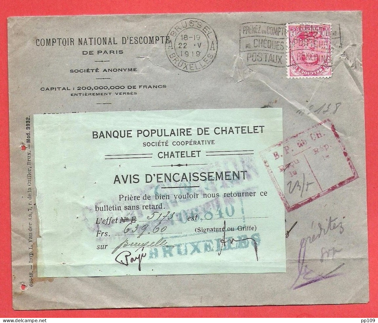 L TP Albert 1 - Perforé Comptoir National D'escompte De Paris + Avis D'encaissement Banque De Chatelet - 1909-34