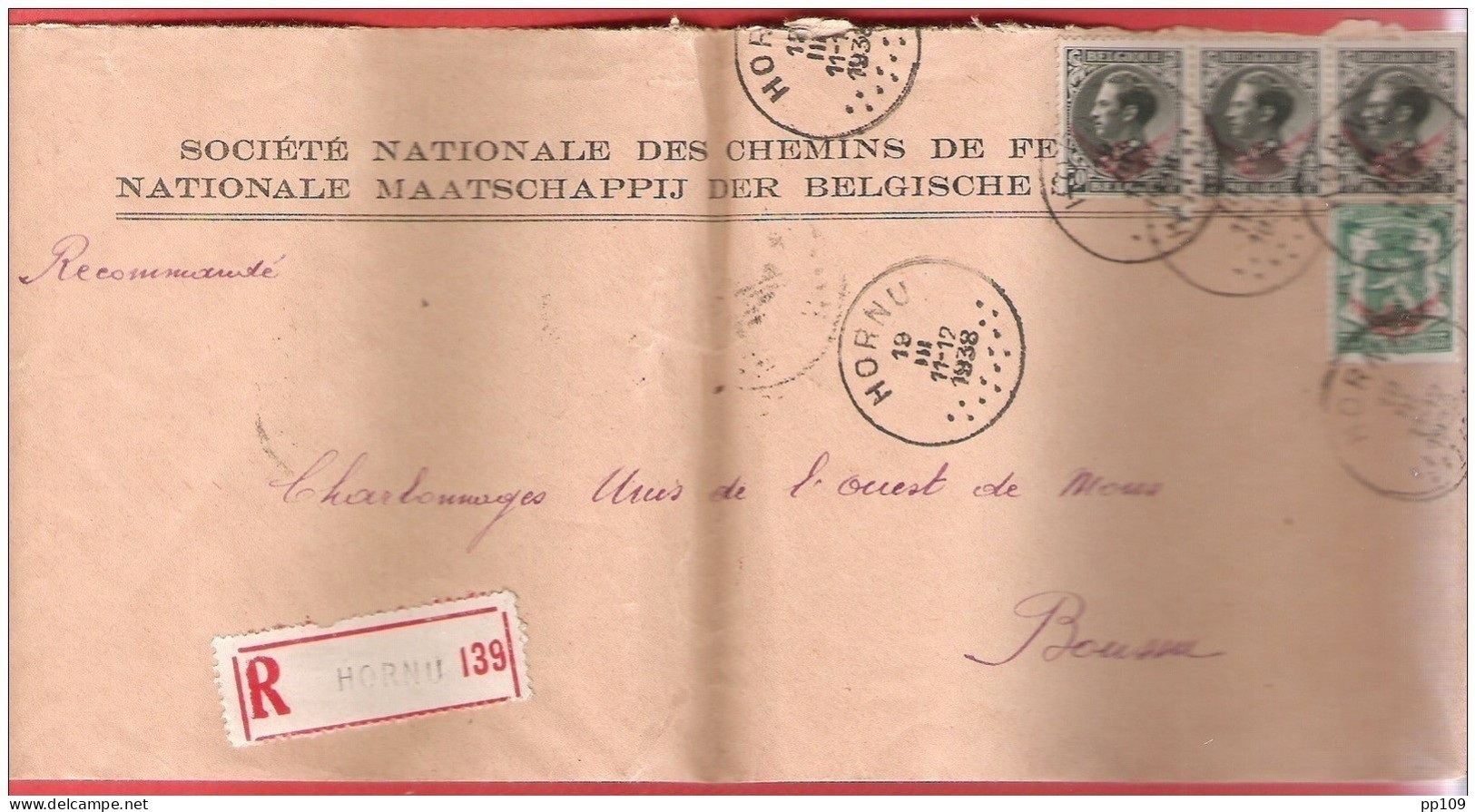 L SNCB  En Recommandé  S 19 (3)  + S21 Obl HORNU 19 III 1938  Bin Tarif Recommandé 1.75 +  LO = 0.70 - Altri & Non Classificati