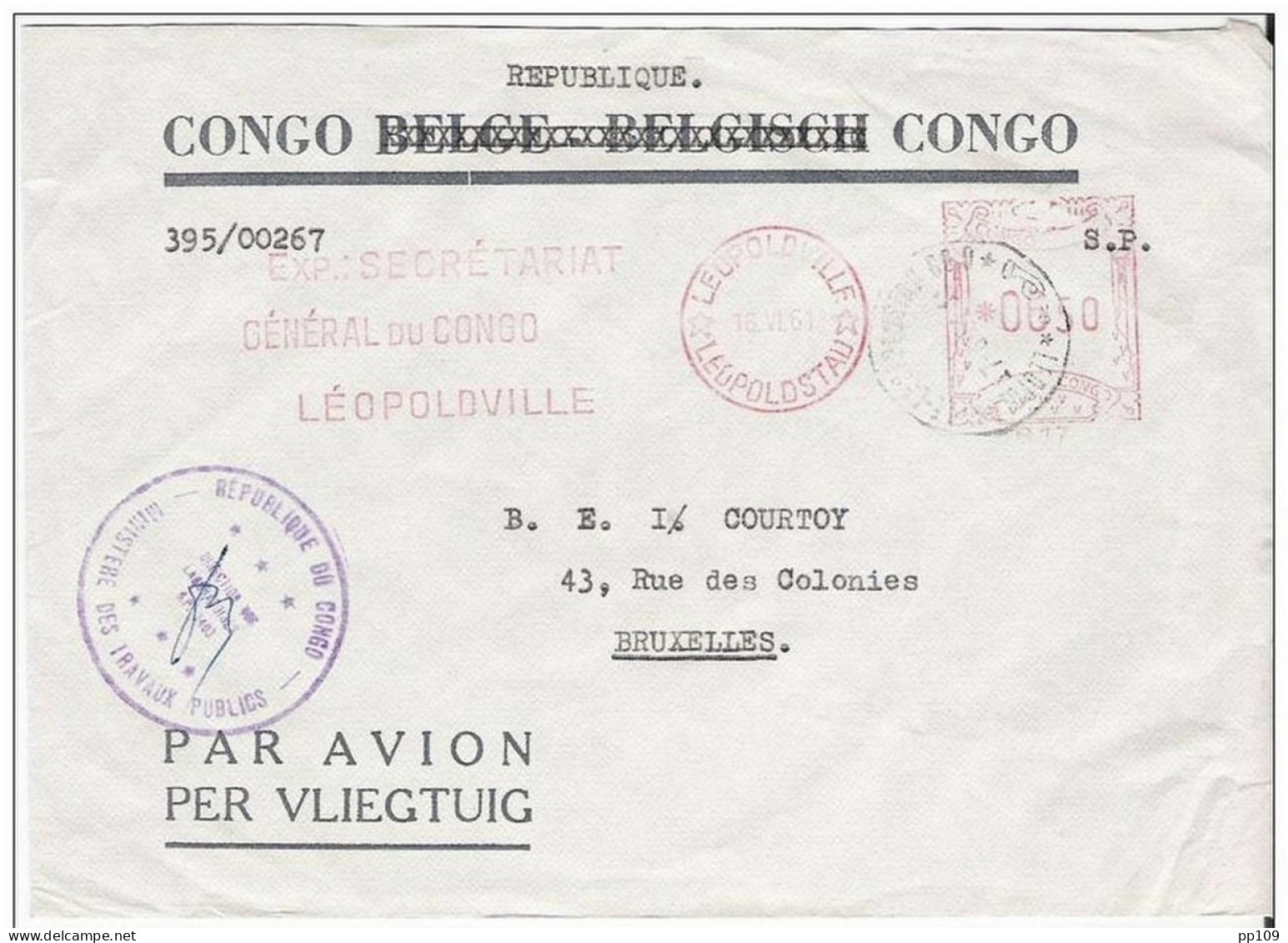 L République Du Congo - Ministère Des Travaux Publics - Franchise Partielle : Obl Mécanique Léopoldville 16 VI 61 - Other & Unclassified