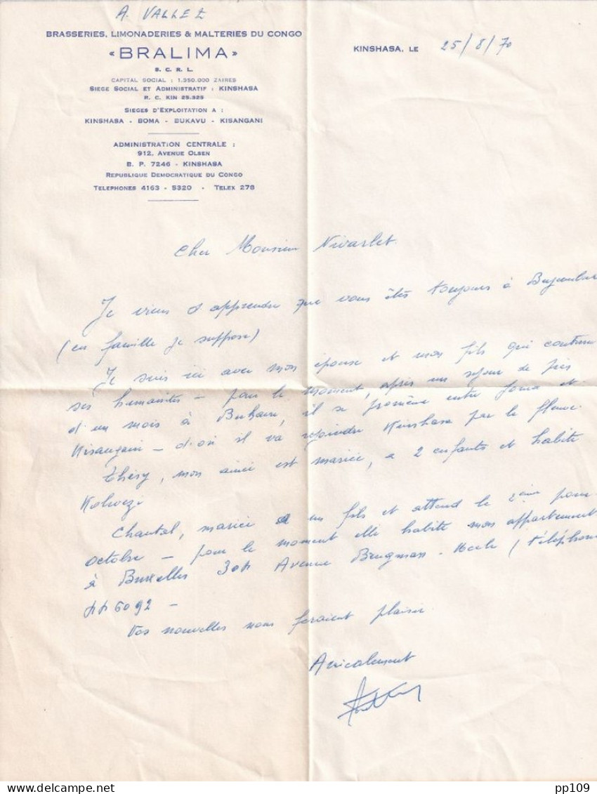 L CONGO Brasserie Limonaderie Malterie BRALIMA Kinshasa 912, Av Olsen - Affr. Mécanique 25 VIII 1970 + Contenu - Other & Unclassified