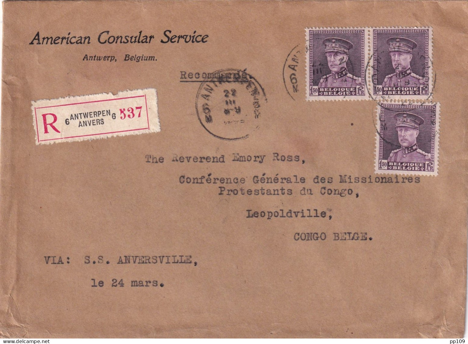 L American Consular Service TP 319 En Recommandé Obl ANTWERPEN 22 III 1933 Via ANVERSVILLE Vers CONGO BELGE - 1931-1934 Kepi