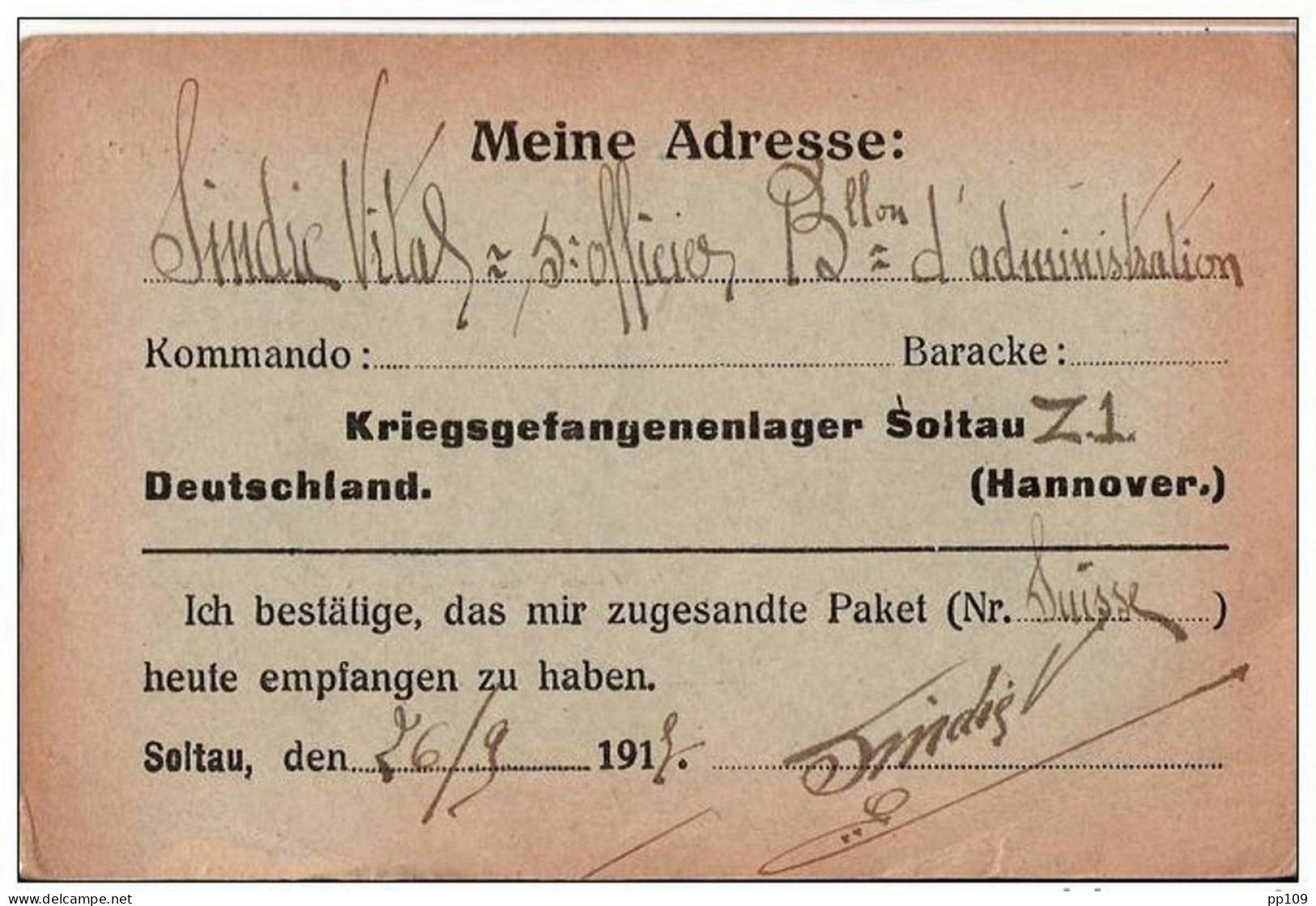 Kriegsgefangenensendung : Feldpostkarte  - SOLTAU Z (Hannover) Geprüft 44 -  26 IX 17  Vers Bruxelles - Krijgsgevangenen