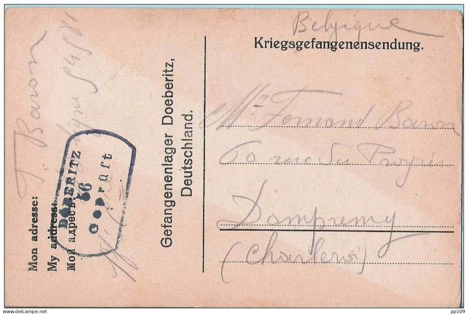 Kriegsgefangenen Sendung Carte Gefangenenlager Döberitz (Deutschland) Vers Dampremy (Charleroi) Censure Geprüft 56 F.A. - Prisoners
