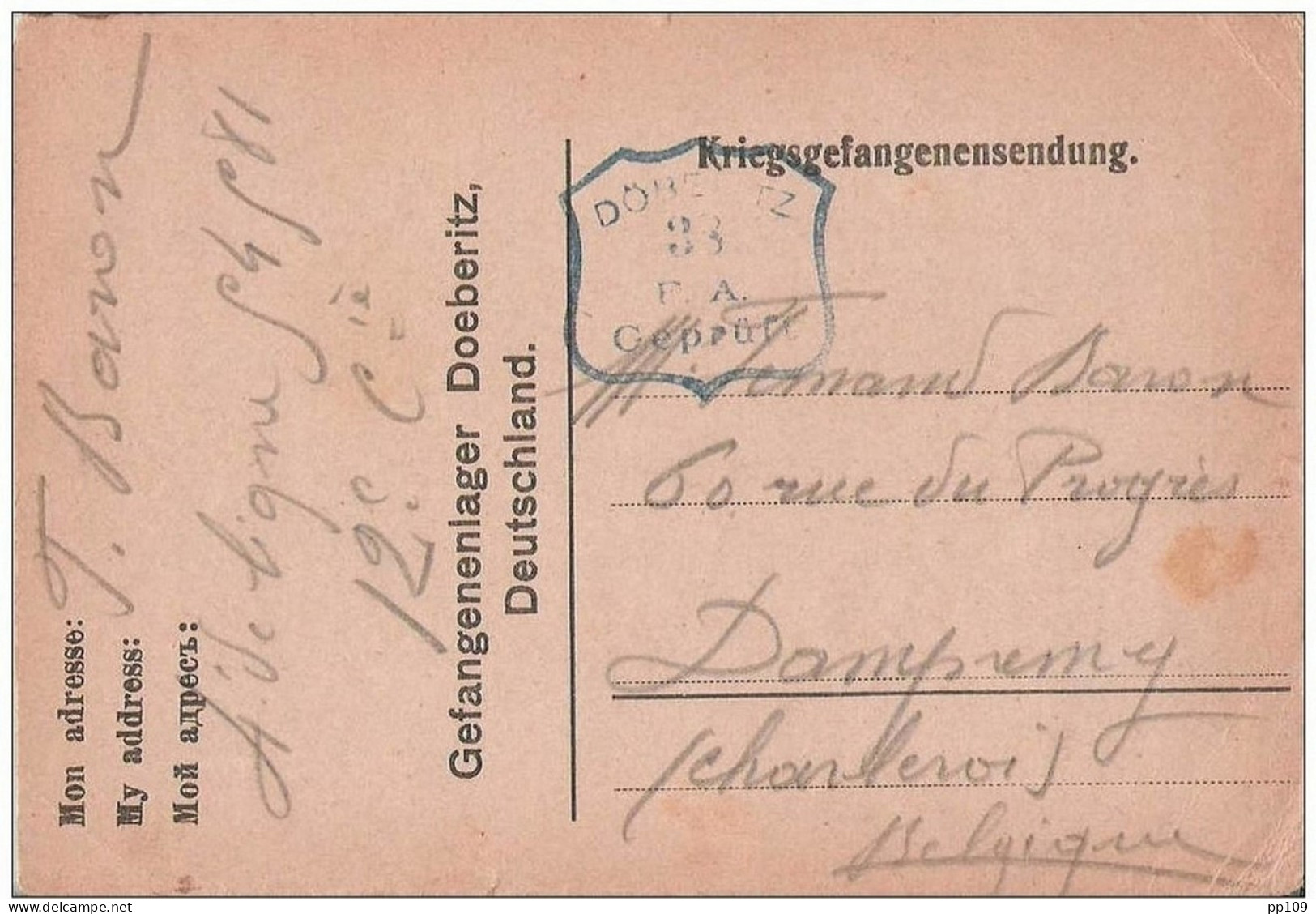 Kriegsgefangenen Sendung Carte Gefangenenlager Döberitz (Deutschland) Vers Dampremy (Charleroi) Censure Geprüft 38 F.A. - Krijgsgevangenen