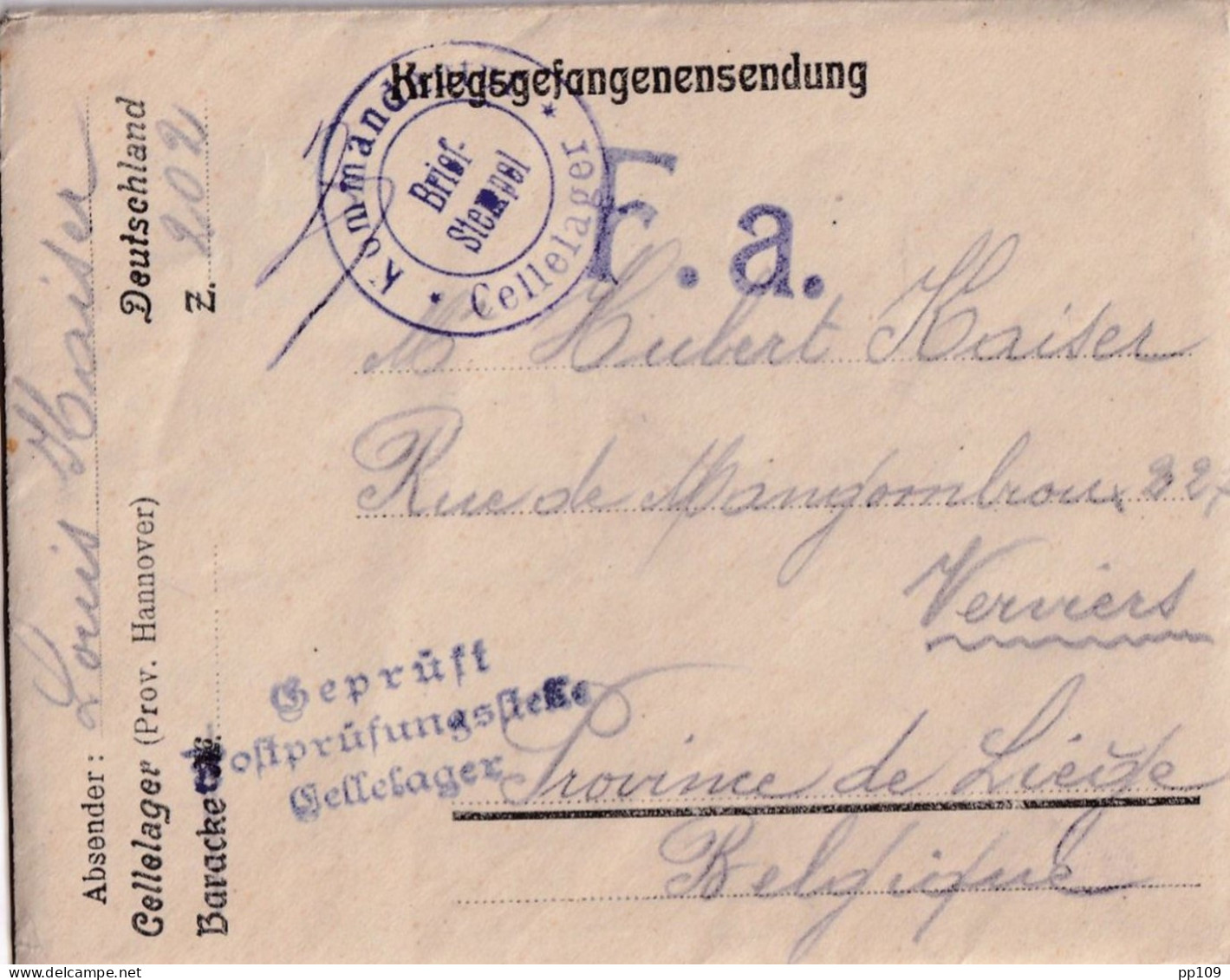 Kriegsgefangenen  Prisonnier CELLELAGER Geprüft Kommandantur  Briefstempel Env. Avec Contenu Le 30 IX 1915 Vers VERVIERS - Krijgsgevangenen