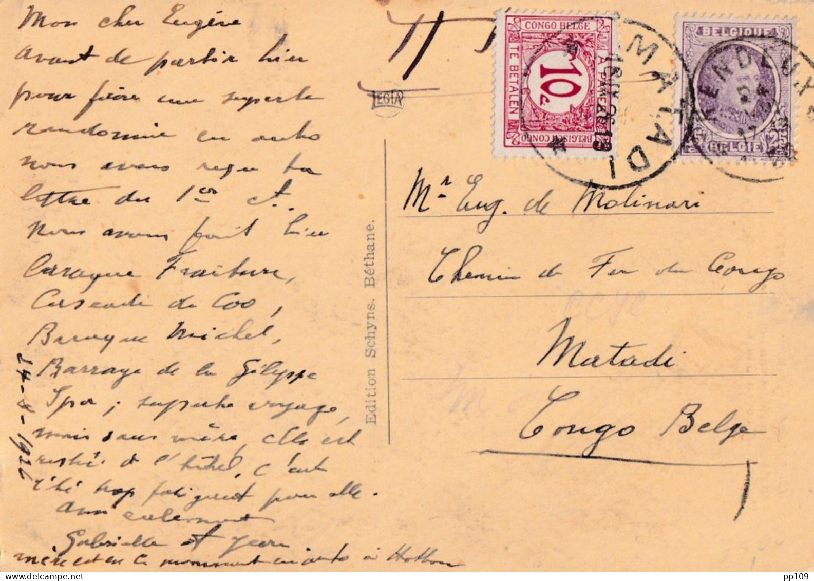 Houyoux Obl étoiles RENDEUX Vers Chemin De Fer Du CONGO à Matadi + Timbre Taxe TX67 Obl 18 IX 1926  Rare - Storia Postale