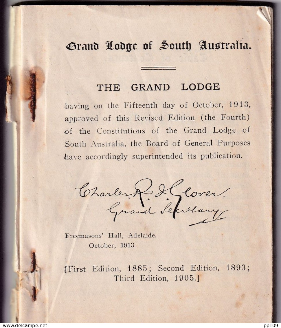 FREE And ACCEPTED MASONS Grand Lodge Of South Australia : General Laws, Antient Charges ...  Fourth Edition 1913 - 1900-1949