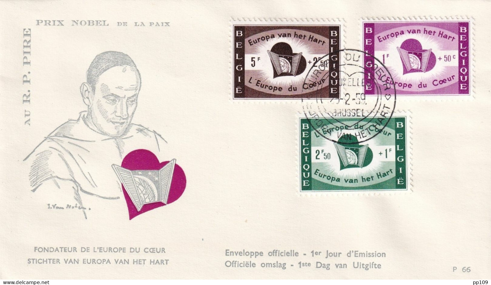 FDC BELGIQUE P.PIRE Fondateur De L'Europe Du Coeur  25 II 1959 - Sin Clasificación