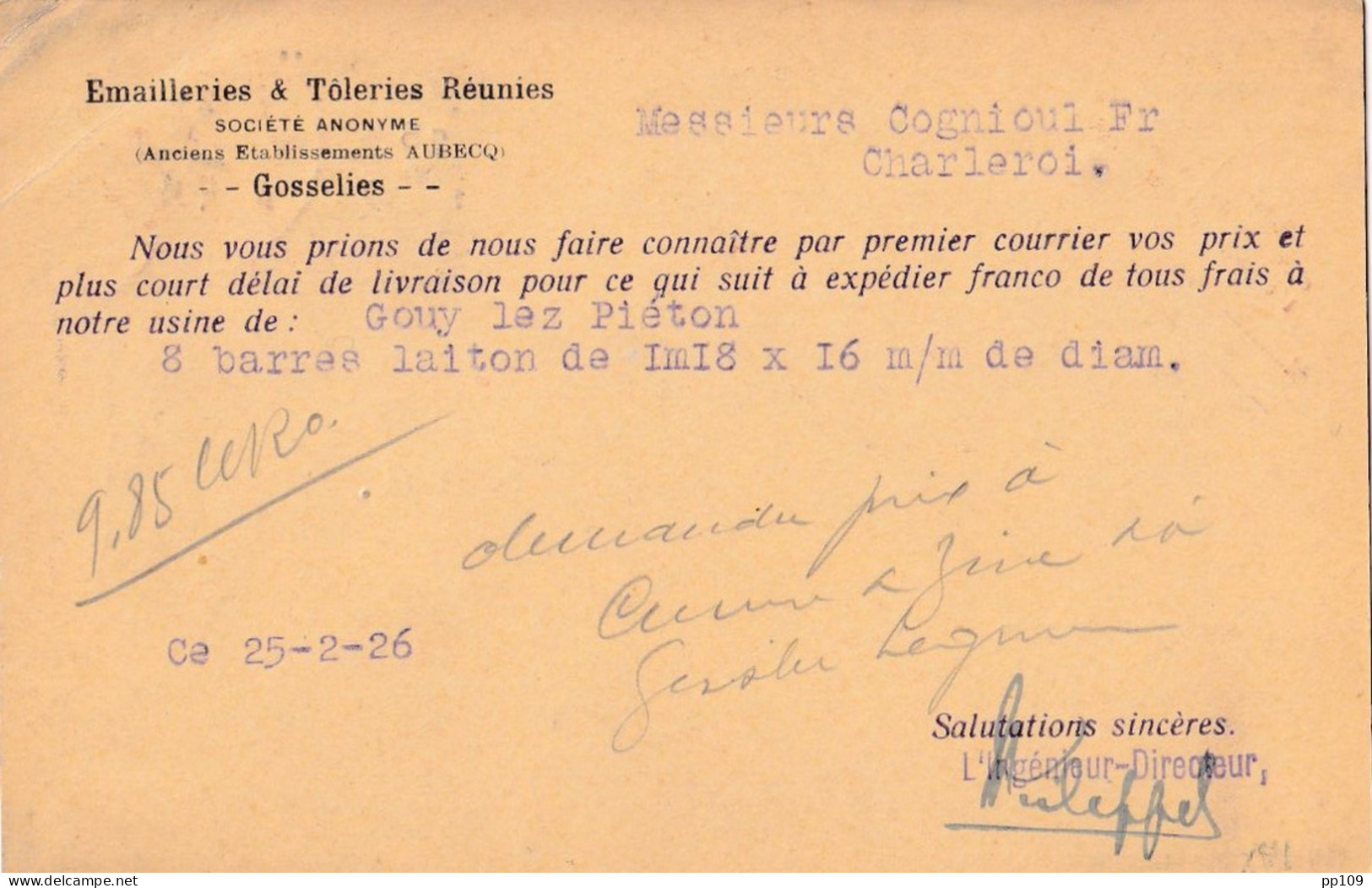 EP Repiquage Emaillerie Tolerie Réunies GOSSELIES  TP Houyoux Perforé !  Obl 25 II 1926 Vers Fonderie Charleroi - 1909-34