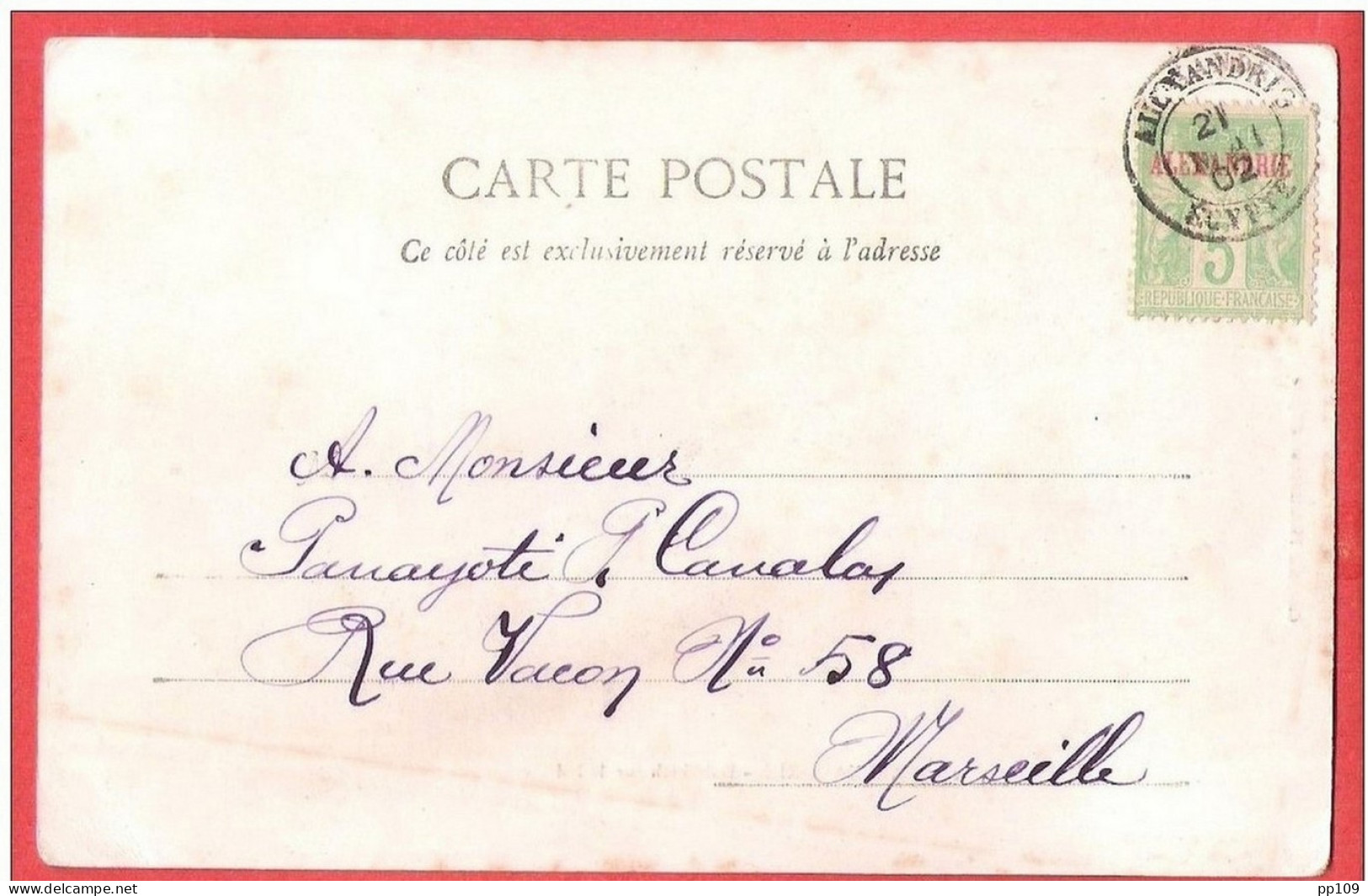 EGYPTE TP France Surchargé ALEXANDRIE CP Dahabieh Sur Le NIl  Obl 1902 Vers Marseille - Storia Postale