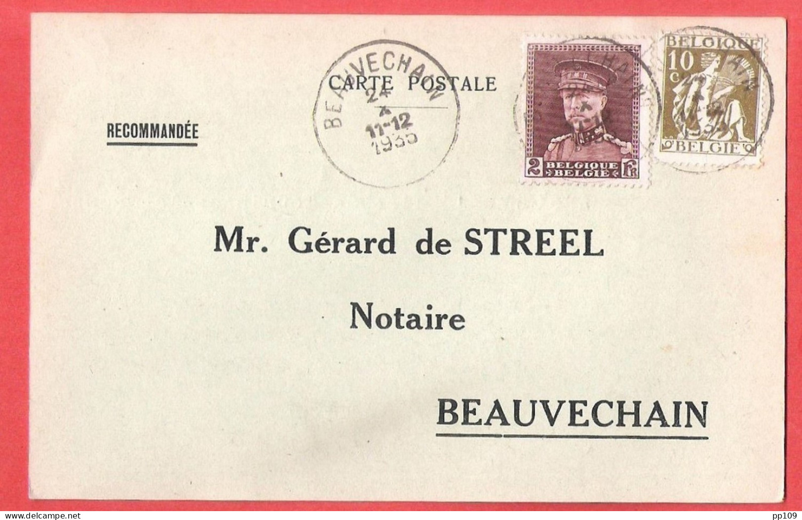 Cérès + Casquette Sur CP En Recommandé BEAUVECHAIN 24 X 1933 - Tarif Peu Courant - 1.75f +35 C (carte Texte à Découvert) - 1932 Ceres And Mercurius