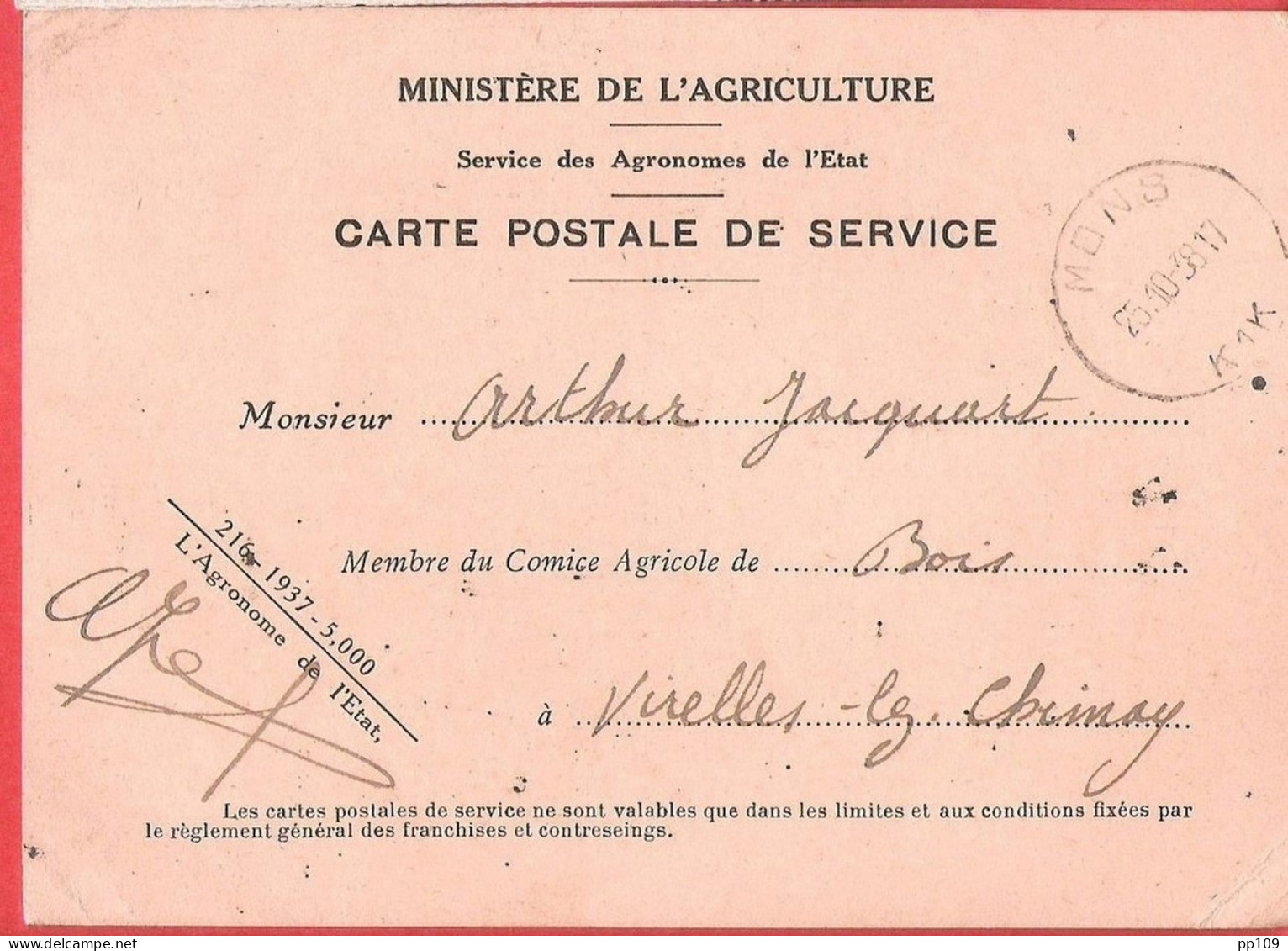 Carte Postale De Service Ministère De L'agriculture Services Des Agronomes Obl MONS 25 X 1938 Vers Virelles-lez-Chimay - Franchise