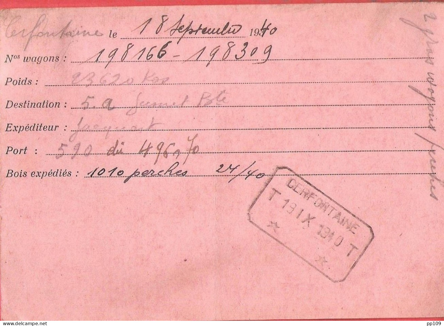 Carte Postale Commerciale Bois Obl CERFONTAINE  +obl Télégraphe 19 IX 1940 Vers Virelles-lez-Chimay - Telefono [TE]