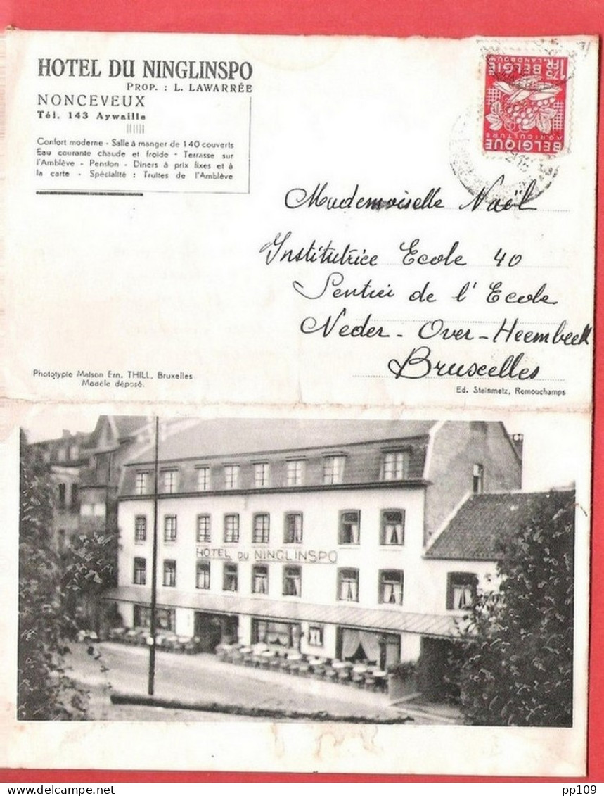 Carte Lettre Privée HOTEL NINGLINSPO à NONCEVEUX Aywaille Lawarrée 9 III 1949 Vers Neder Over Heembeek Belles Vues - 1948 Exportation