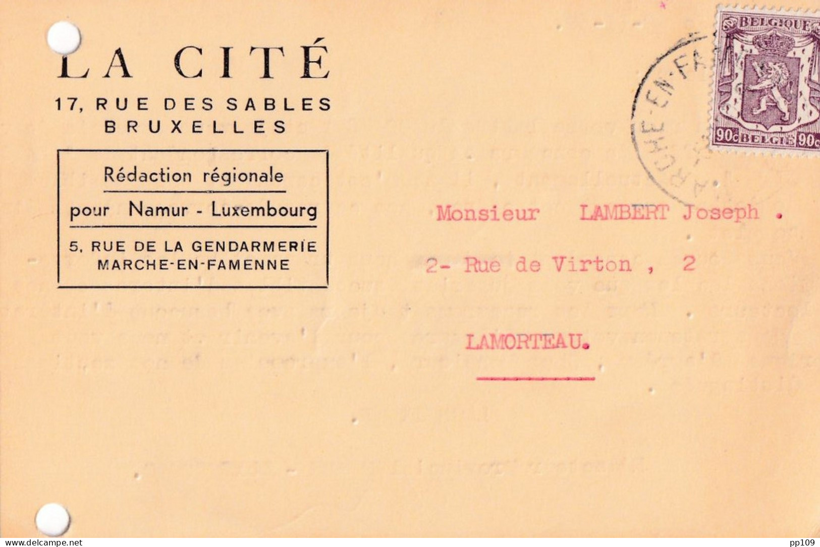 CP Pub Journal LA CITE  MARCHE EN FAMENNE  5 Rue De La GendarmerieTP Petit Sceau Obl 5 XI 1950 - 1935-1949 Small Seal Of The State