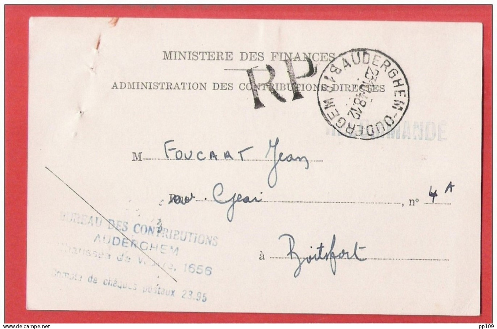 CP Ministère Finances FRANCHISE  RECOMMANDE Obl AUDERGHEM OUDERGEM 23 X 1948 Vers Boitsfort - Franchise