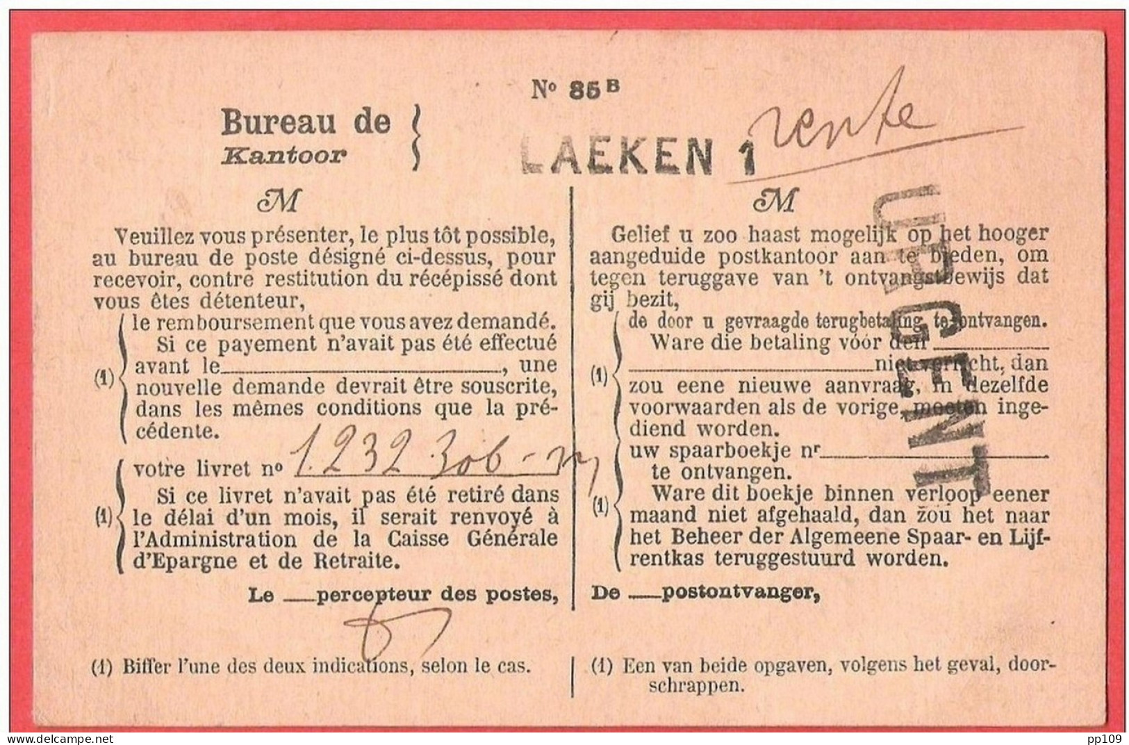 CP Franchise CGER Obl LAEKEN  1924 Au Dos Griffe Du Bureau LAEKEN 1 - Franchise