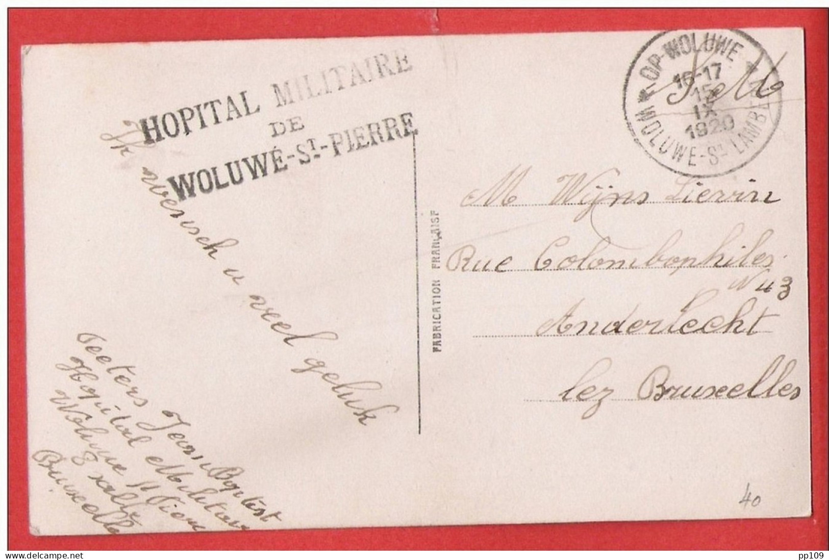 CP Expédiée En Franchise De WOLUWE SAINT LAMBERT  OP WOLUWE 15 IX 1920 Avec Griffe 3 Lignes HOPITAL MILITAIRE De WOLUWE - Franchise