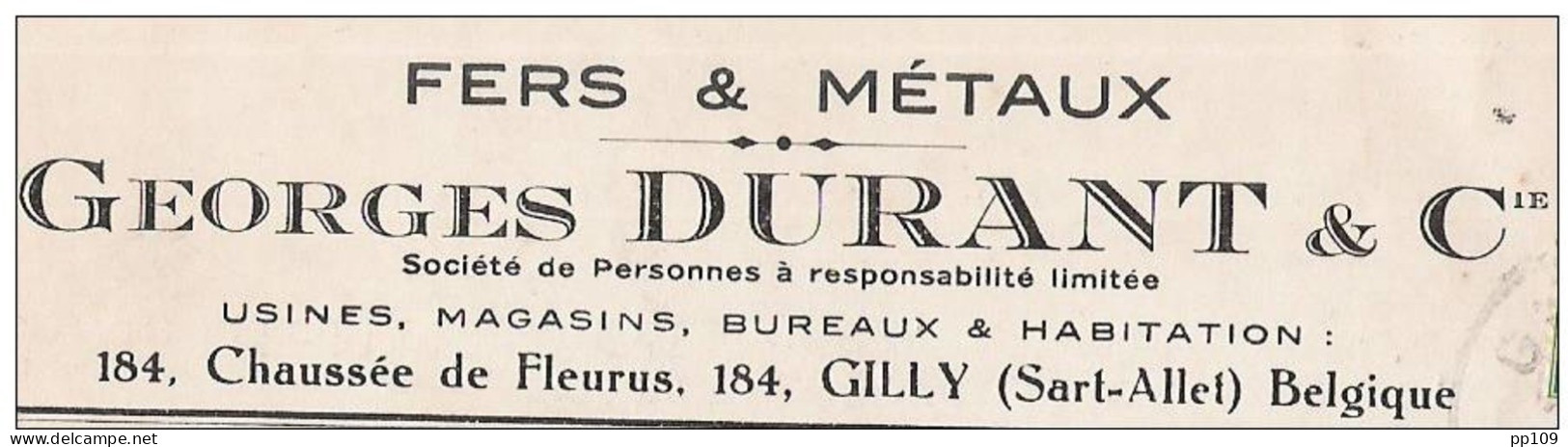 CP En Tête  Fer Et Métaux Georges Durant 184, Chaussée De Fleurus  à GILLY  (Sart Allet)  - TO Obl6 VI 1938 - 1932 Ceres And Mercurius