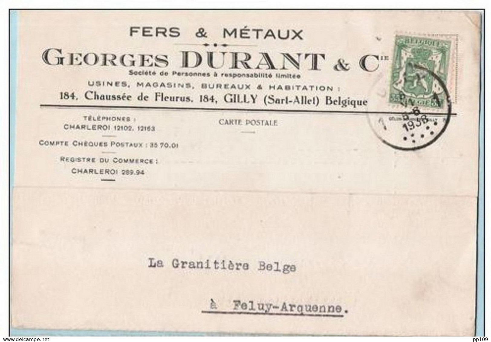 CP En Tête  Fer Et Métaux Georges Durant 184, Chaussée De Fleurus  à GILLY  (Sart Allet)  - TO Obl6 VI 1938 - 1932 Ceres And Mercurius