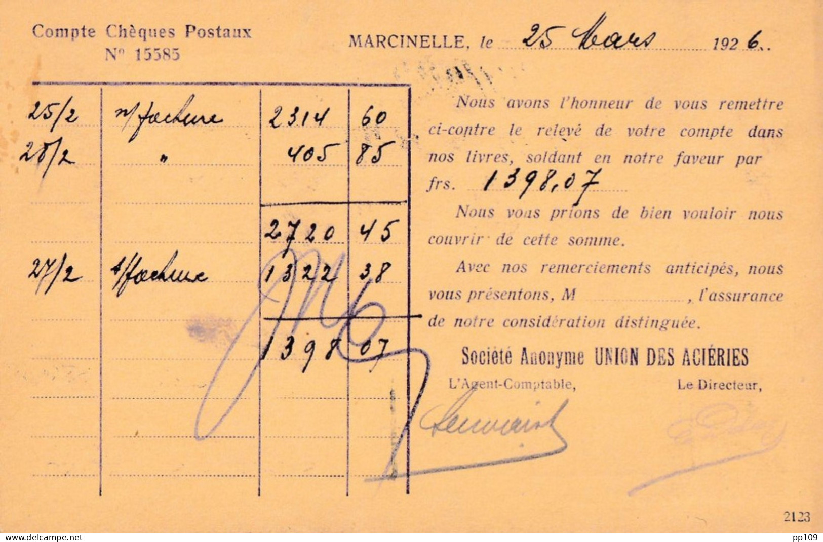 CP Commerciale Union Des Aciéries MARCINELLE CHARLEROI TP Houyoux Perforé Obl 25 III 1925 - 1909-34