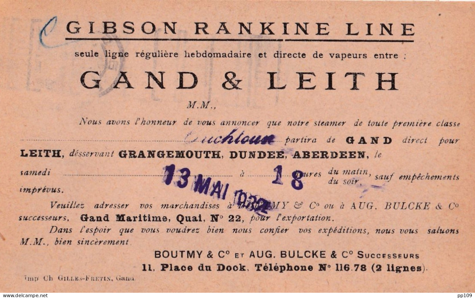 CP Commerciale GIBSON RANKINE LINE 11 Place Du Dock Trajet  Vapeur Entre GAND Et LEITH  TP Perforé !  Obl 10 V 1932 - 1909-34