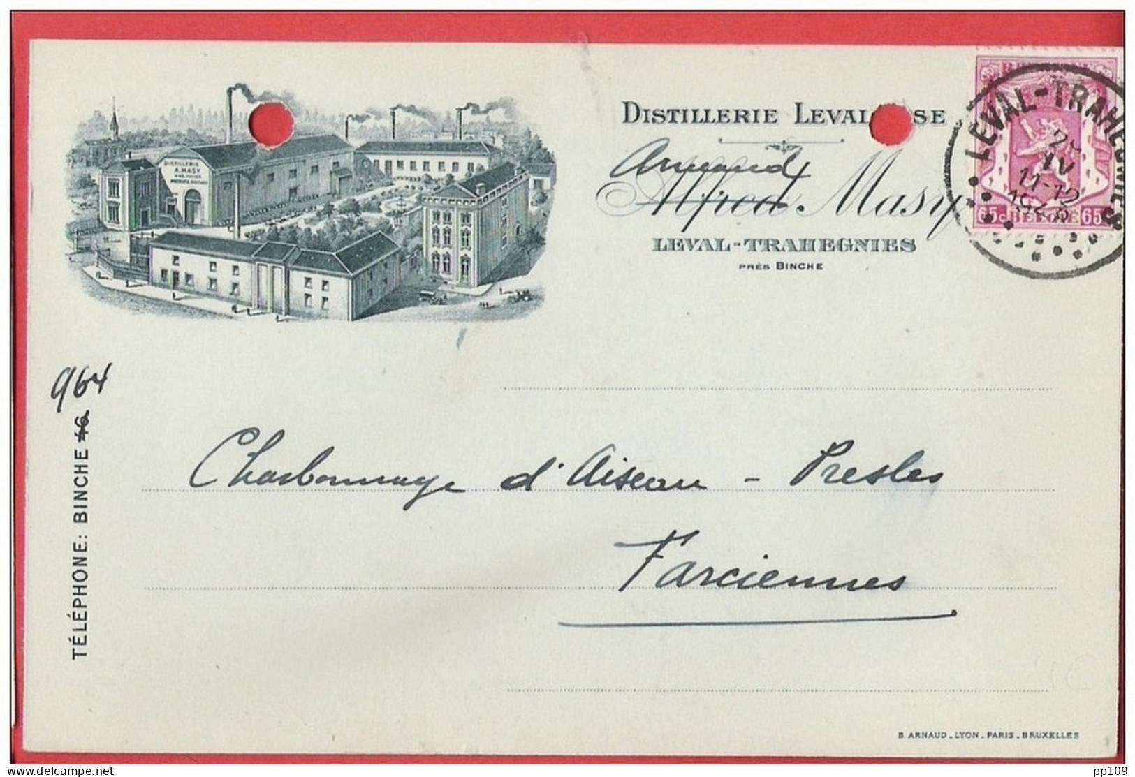 CP Commerciale  LEVAL TRAHEGNIES BINCHE Alfred Armand MASY  Distillerie 1948 - Binche