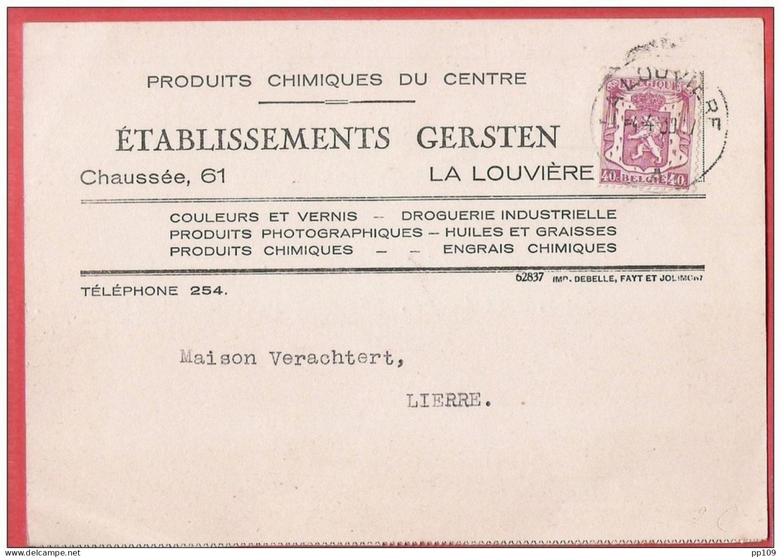 CP Commerciale  LA LOUVIERE Chaussée, 61 GERSTEN Produits Chimiques Du Centre  Peinture  1939 - La Louvière