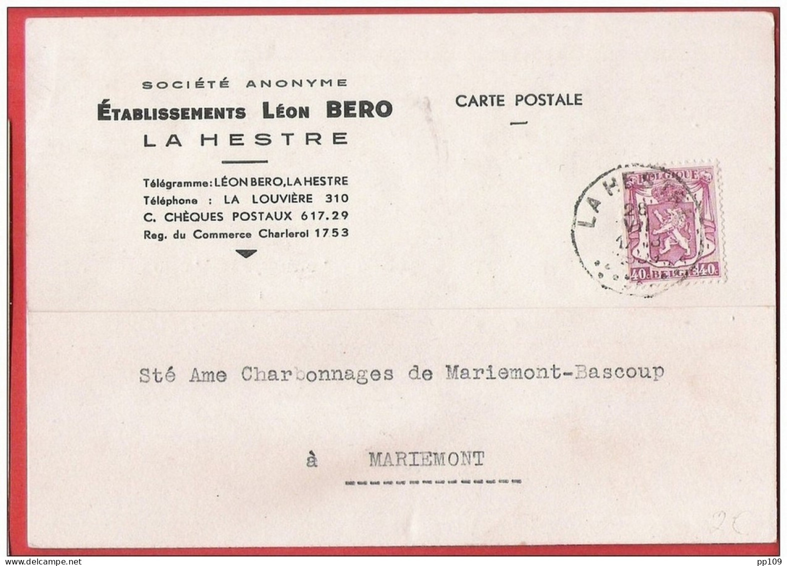 CP Commerciale  LA HESTRE LA LOUVIERE Etablissements Léon BERO 1939 - La Louvière