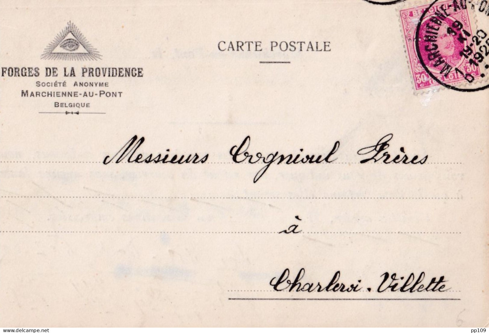 CP Commerciale  FORGES PROVIDENCE Marchienne-au-Pont TP Houyoux Perforé Oeil !  Obl 19 XI 1926  Vers Fonderie Charleroi - 1909-34
