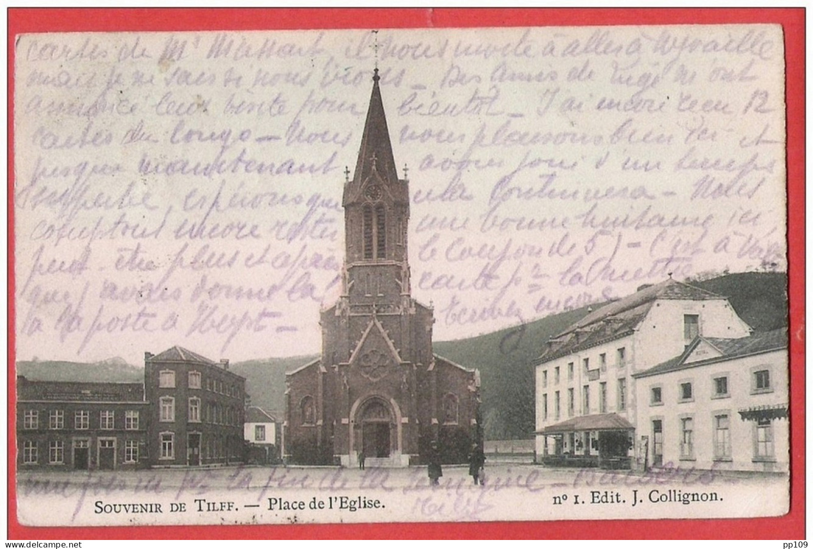 CP Colorisée  Souvenir De TILFF Place De L'église N°1 Edit J Collignon  - 3 TP Avec Bandelette Obl HAMOIR 7 VIII 1911 - Hamoir