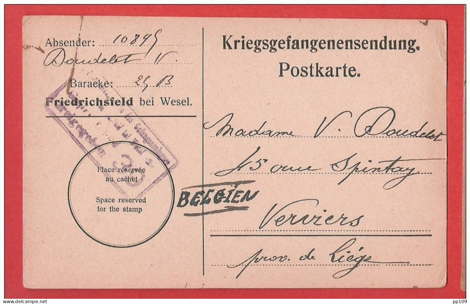 CP Kriegsgefangenensendung  Postkarte  Prisonnier  Lager  FRIEDRICHSFELD Bei WESEL  28 VIII 1917 Vers Verviers - Prisonniers