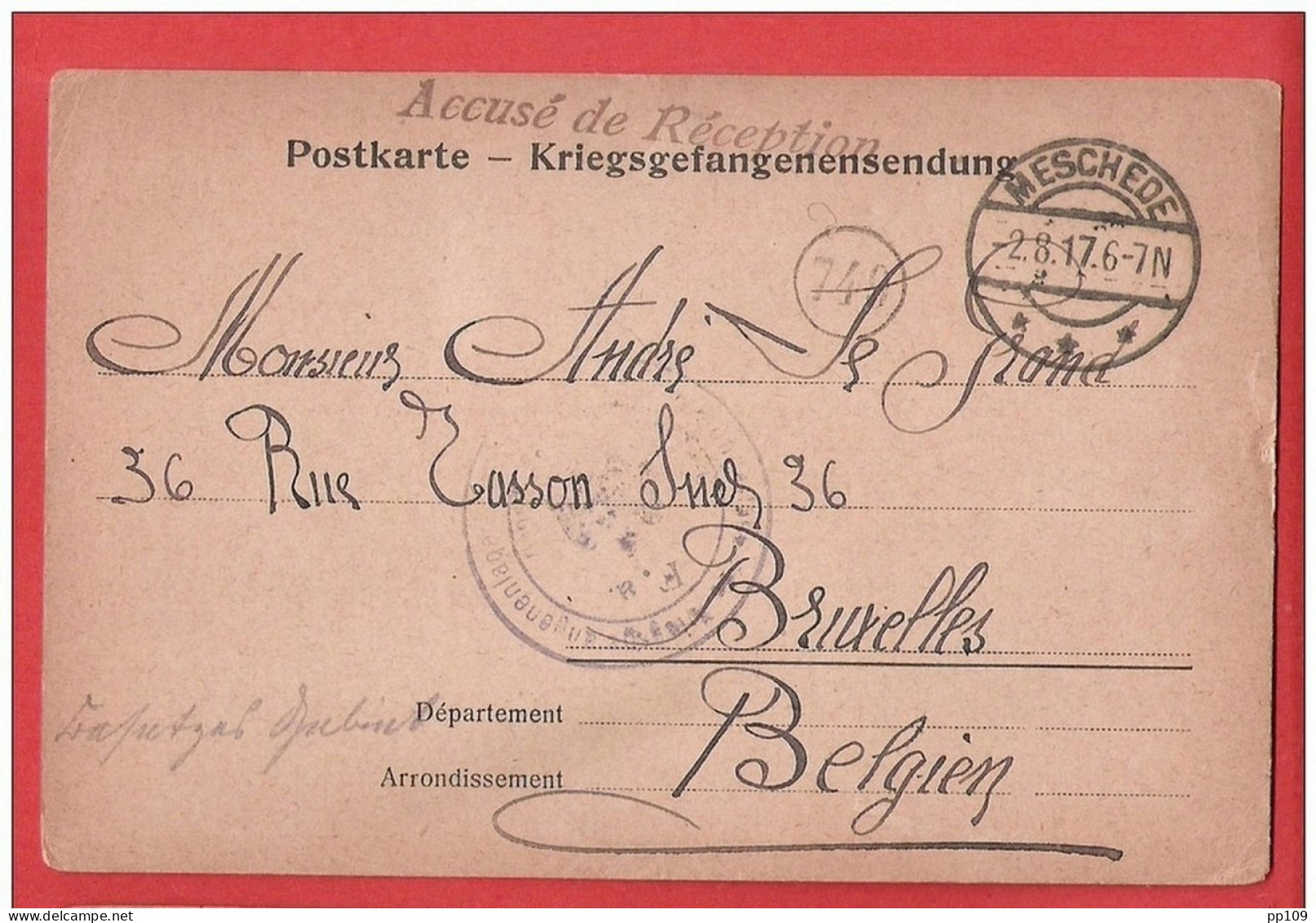 CP Kriegsgefangenensendung  Postkarte  Lager MESCHEDE  30 VII 1917 - Kriegsgefangenschaft