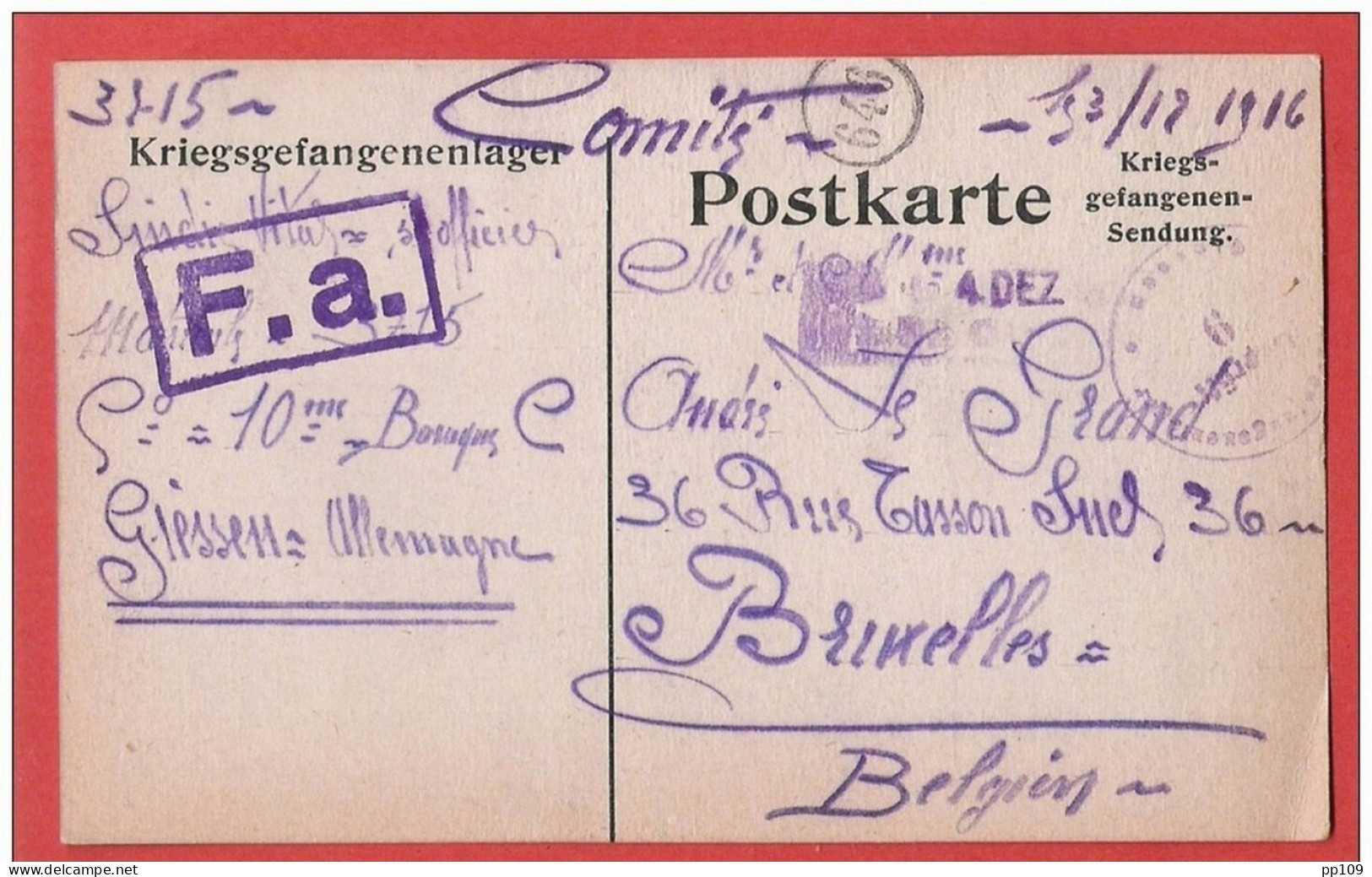 CP Kriegsgefangenensendung  Postkarte  Lager  GIESSEN Geprüft Vers Bruxelles  3 XII 1916 - Prisoners