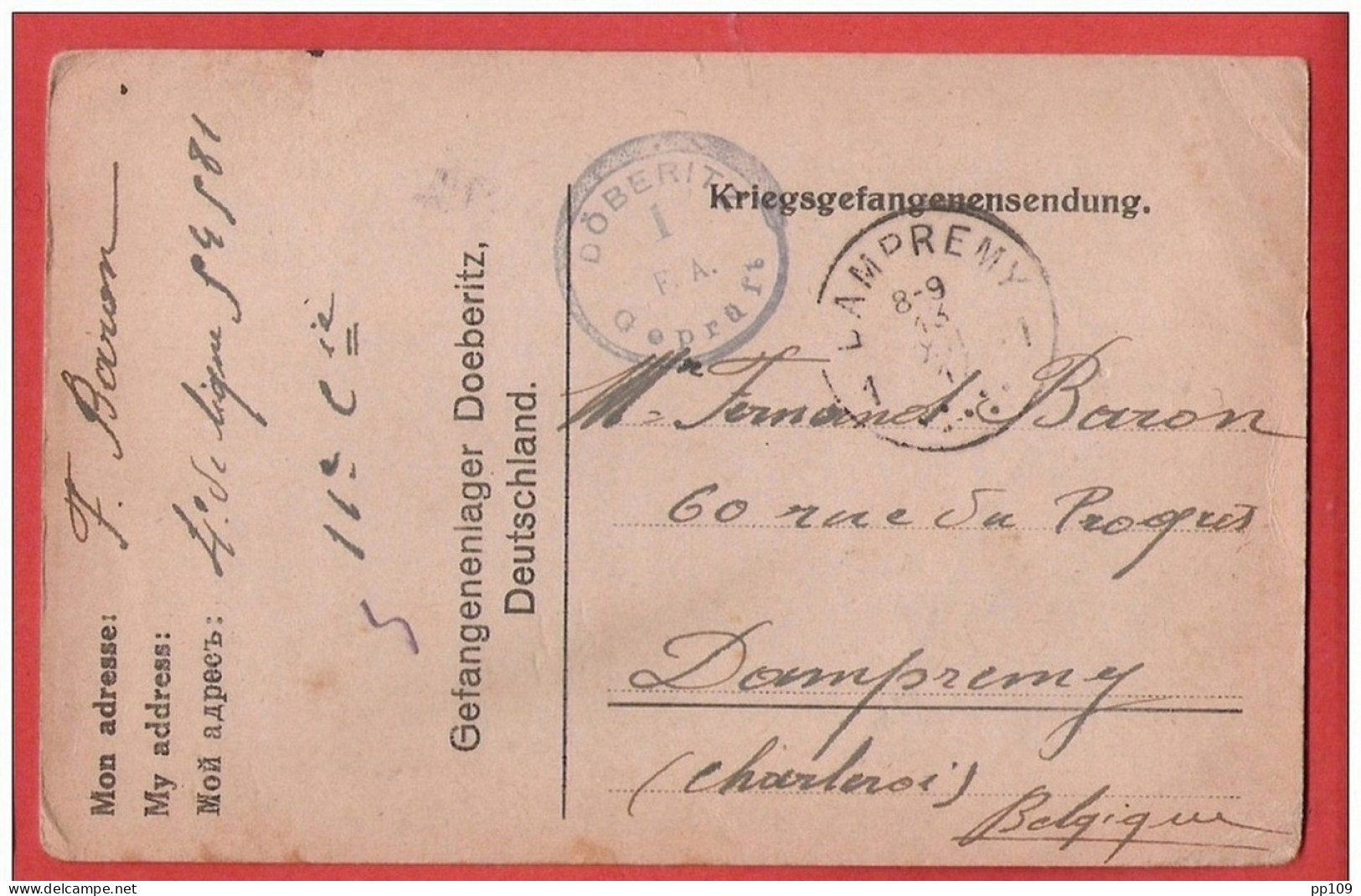CP Kriegsgefangenensendung  Postkarte  Lager  DOEBERITZ  Geprüft Vers Dampremy  26 XI 17 - Kriegsgefangenschaft