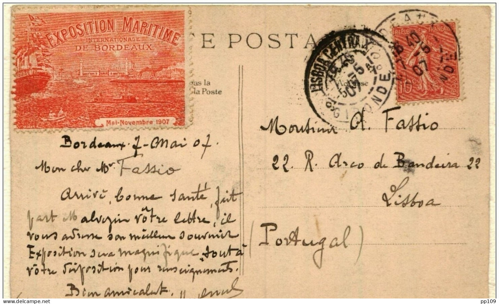 CP EXPOSITION MARITIME De BOrDEAUX Vue Du Grand Palais Avec Vignette Superbe Obl 7 V 1907 Vers Lisbonne - Covers & Documents