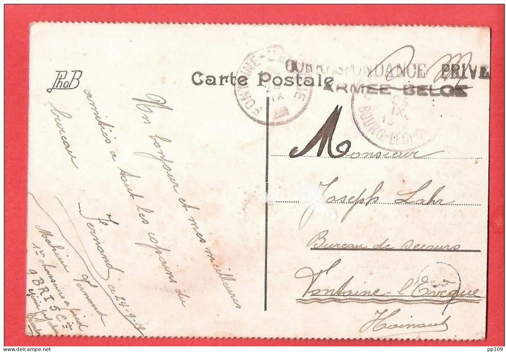 CP BOURG LEOPOLD Franchise Militaire 25 IX 1919 Fontaine L'Evêque (fortune) Griffe Correspondance Privée Armée Belge - Franchise