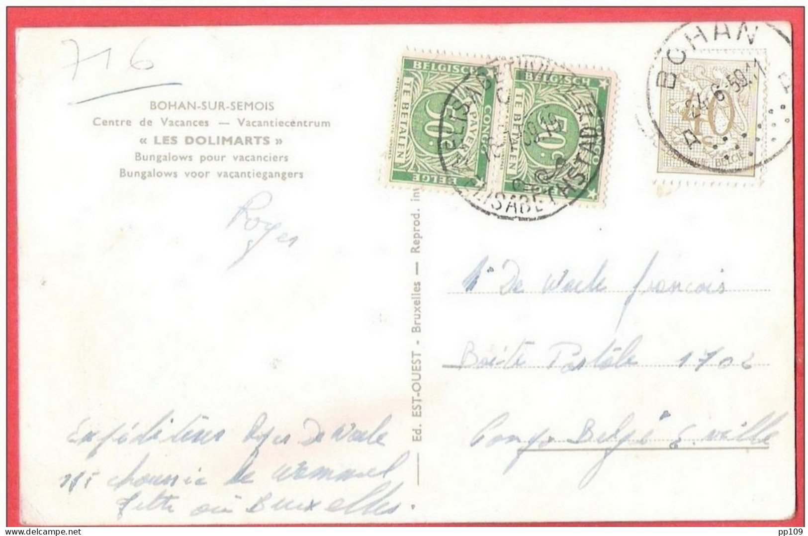 CP BOHAN Les Dolimarts Vers CONGO BELGE TAXE 57  En Paire  Obl ELISABETHVILLE  Rare - Lettres & Documents