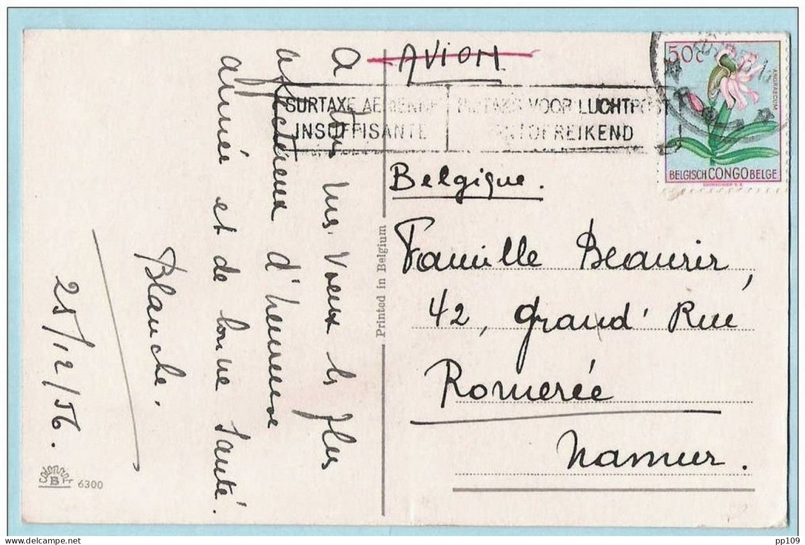 CP - TP 50 C  Belgisch CONGO Belge -26 XII 1956 Avec Griffe Bilingue Rare SURTAXE AERIENNE INSUFFISANTE - Lettres & Documents