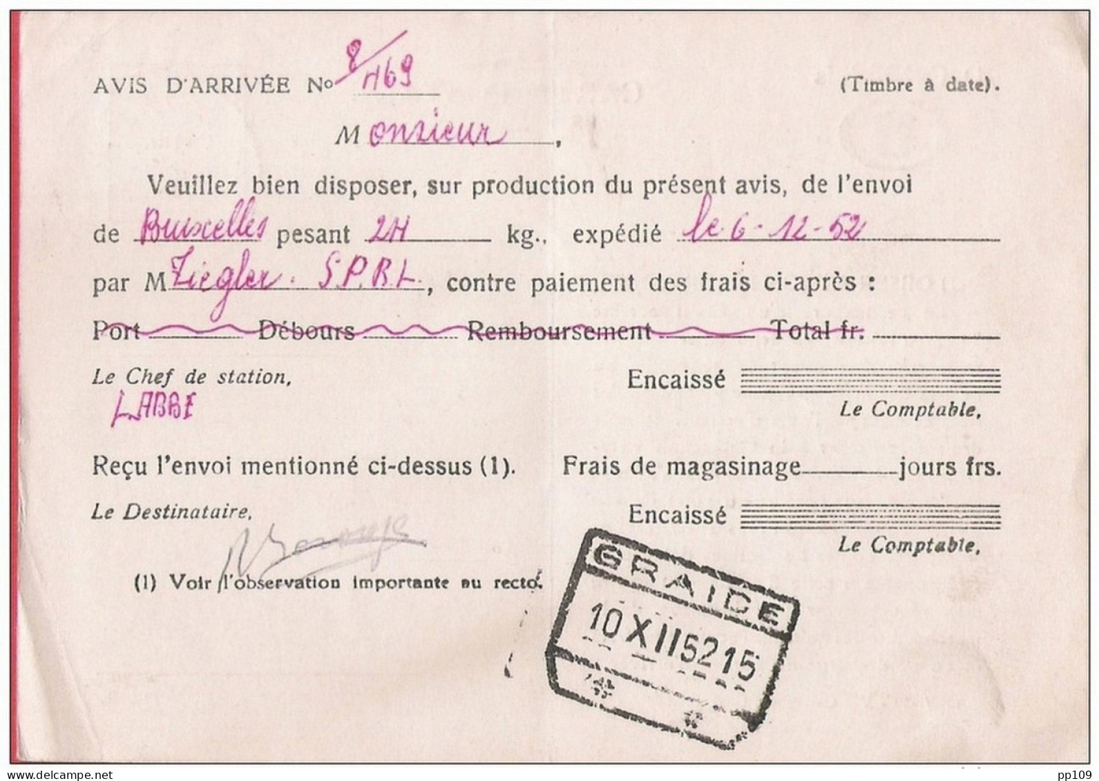 Belgique  Timbre De Service SNCB  S41  Obl 9 XII 1952 Obl étoiles GRAIDE Avec Obl Au Dos - Pas Courant - Autres & Non Classés