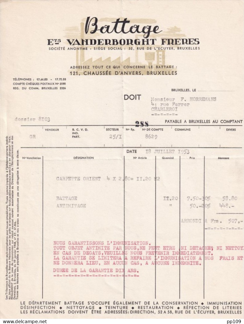 BRUXELLES   Ancienne Facture Battage VANDERBORGHT 121, Chaussée D'Anvers 18 VII 1953 - 1950 - ...