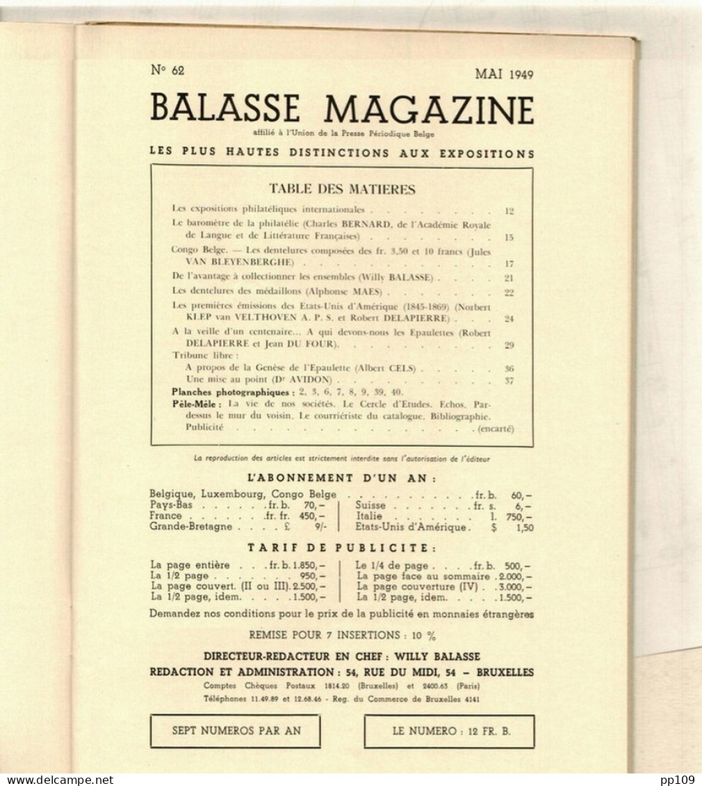 BALASSE MAGAZINE N°62  Mai 1949   : 38 Pages Avec Articles Intéressants - Français (àpd. 1941)